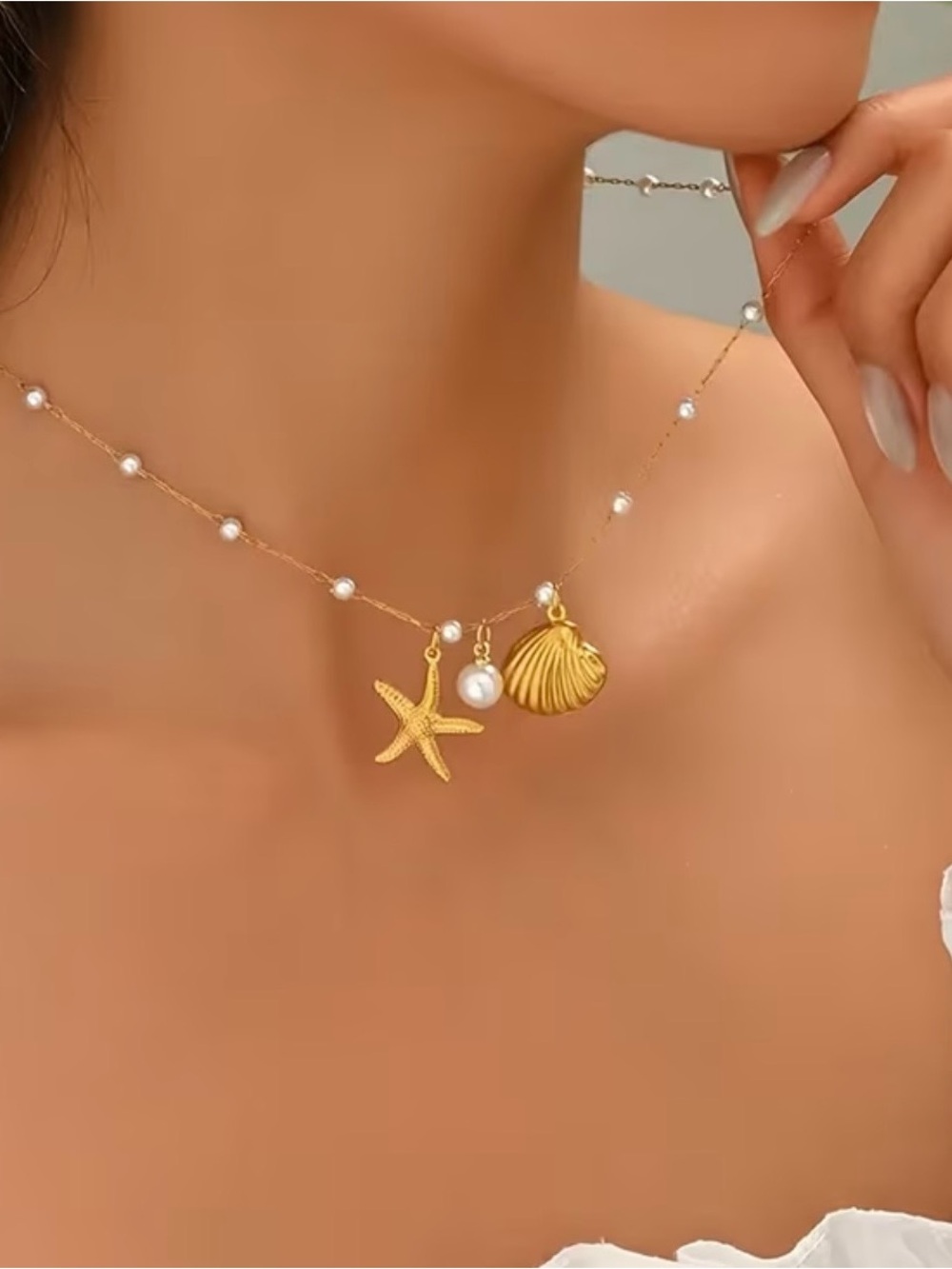 Stainless Steel Pearl Shell & Starfish Charm Necklace